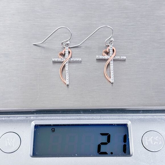 Vintage Sterling Silver Rose Gold Plated Cubic Zirconia Cross Dangle Earrings - Picture 5 of 6